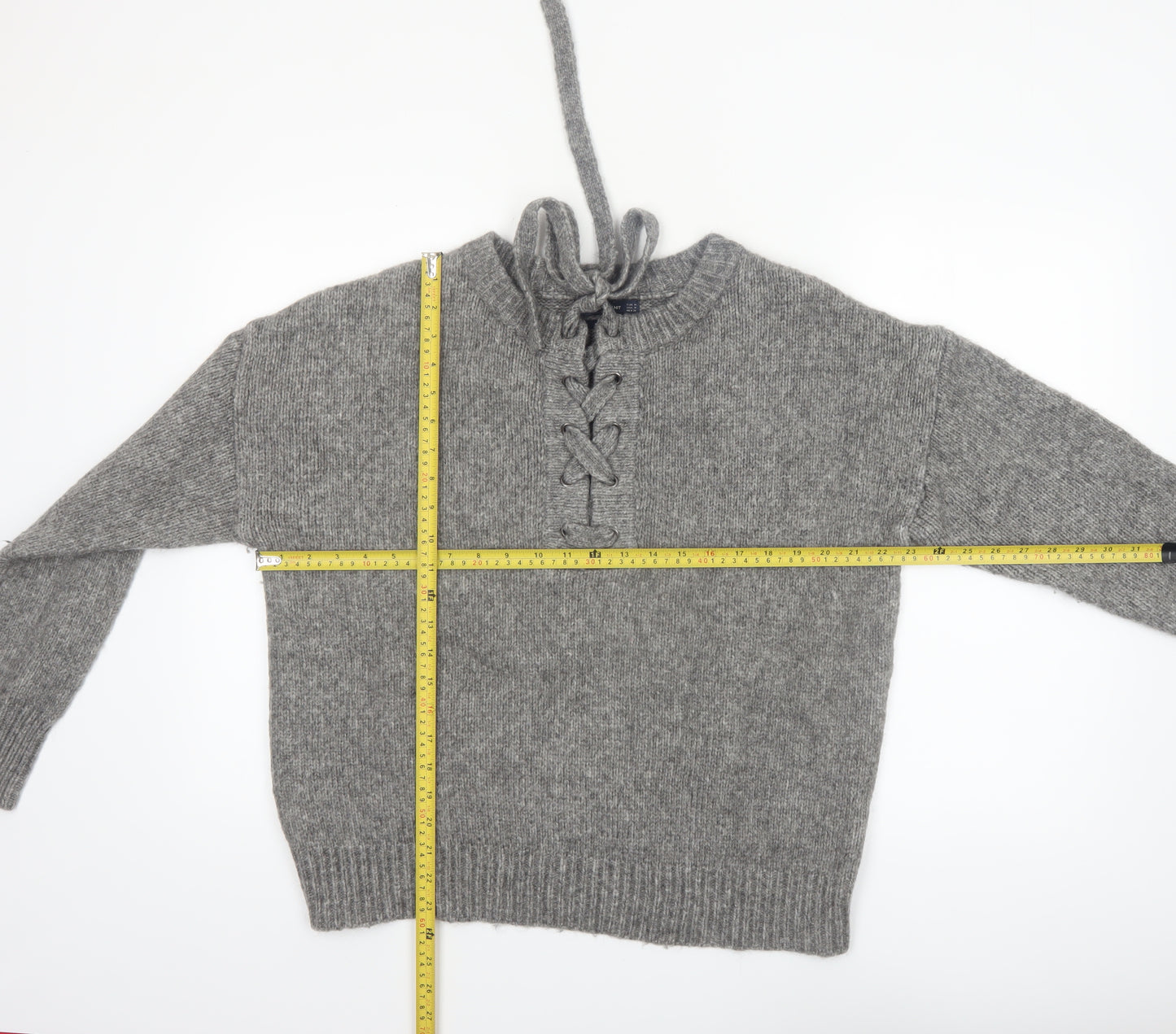 Zara Women Grey Knit Pullover Jumper M Long Sleeve Lace-Up Bow Wool Blend