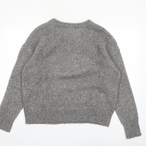 Zara Women Grey Knit Pullover Jumper M Long Sleeve Lace-Up Bow Wool Blend
