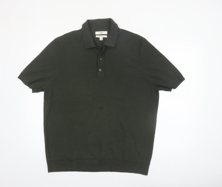 Marks and Spencer Men's Dark Green Cotton Polo Shirt XL