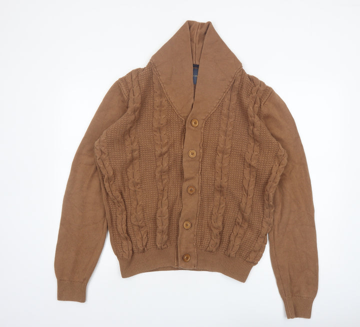Guide London Men's Brown XL Cable-Knit Cotton Shawl Collar Cardigan