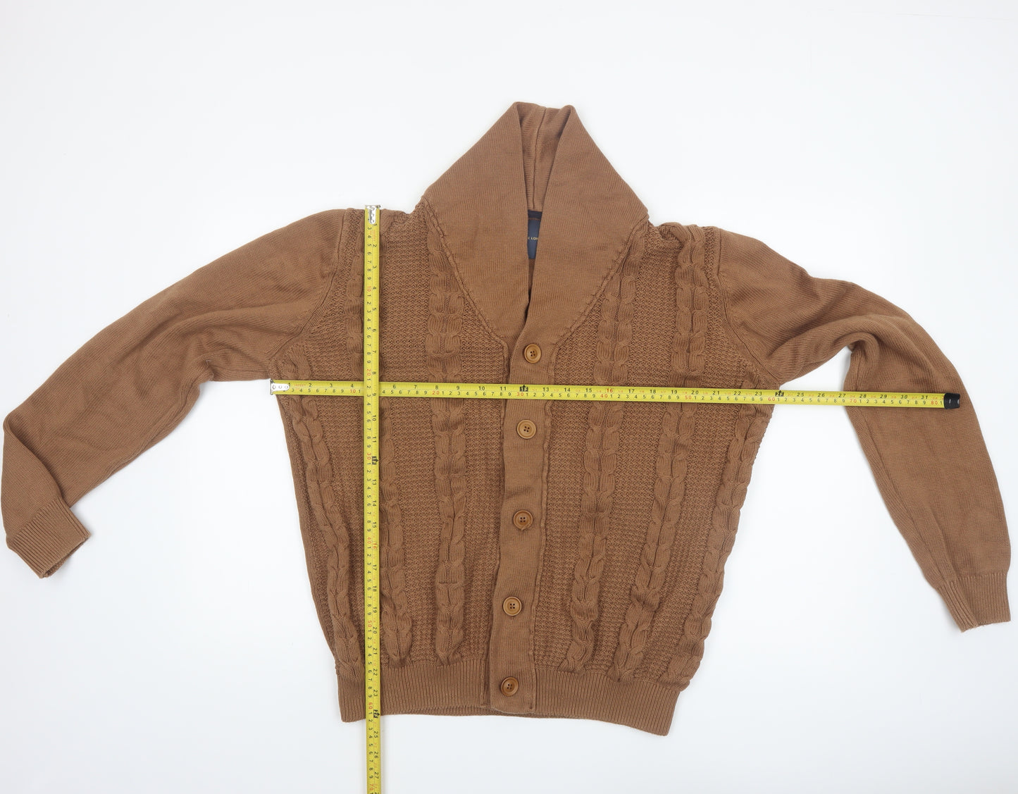 Guide London Men's Brown XL Cable-Knit Cotton Shawl Collar Cardigan
