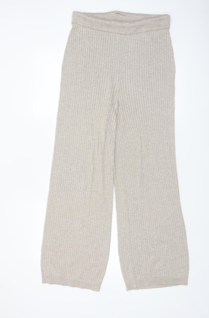 H&M Women Beige Knit Wide-Leg Lounge Trousers Size M