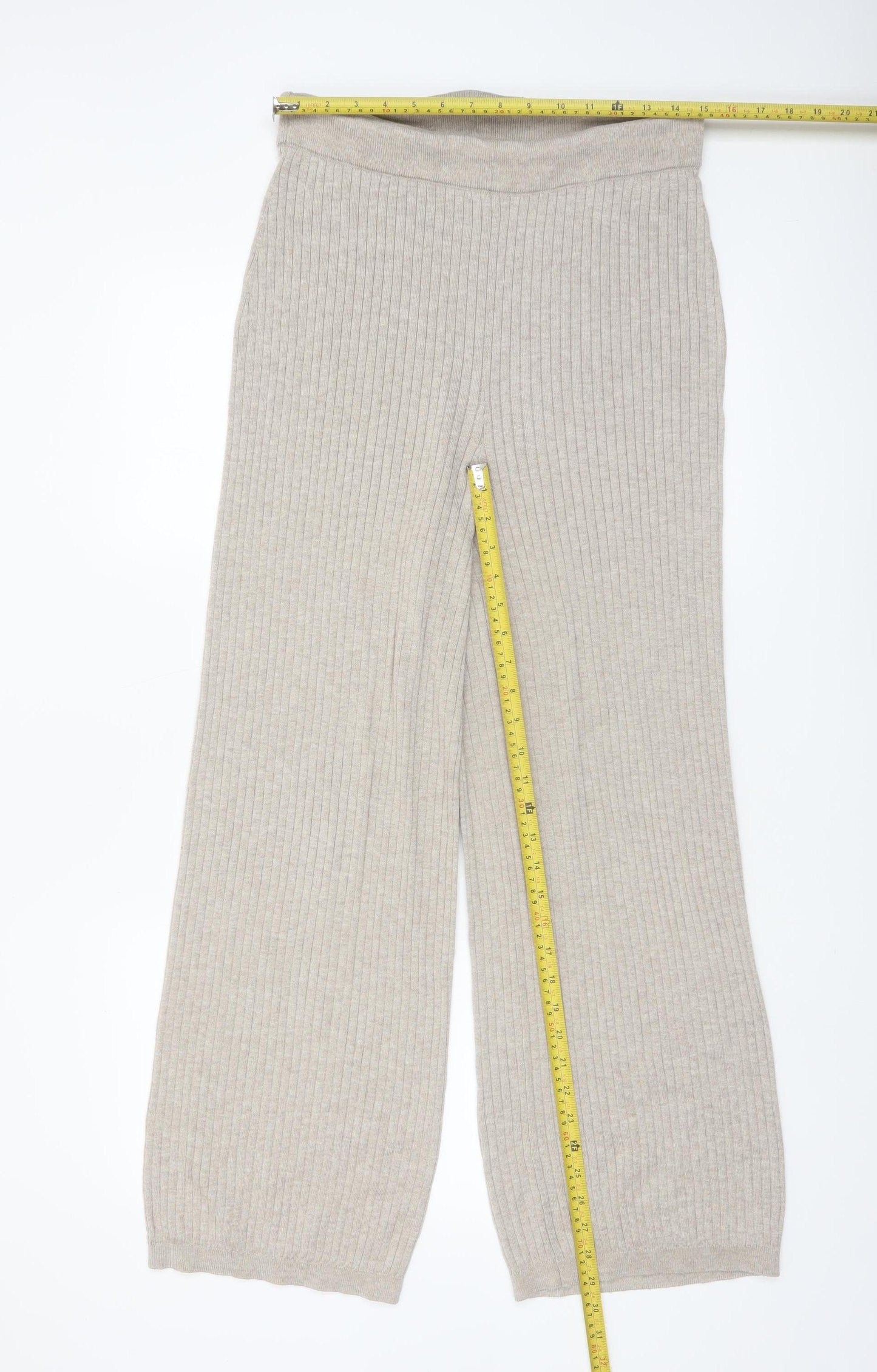 H&M Women Beige Knit Wide-Leg Lounge Trousers Size M