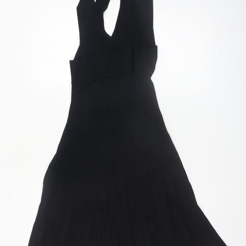 Zara Womens Black Midi Fit & Flare Halter Pleated Knit Dress Size M