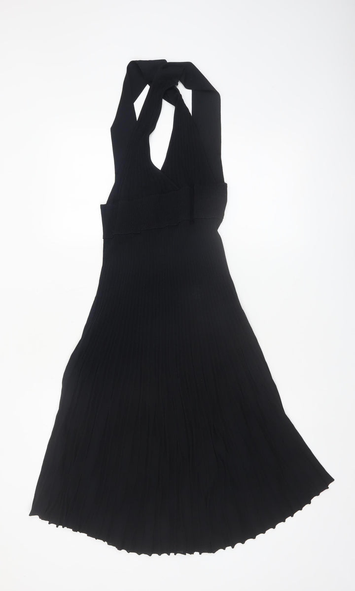 Zara Womens Black Midi Fit & Flare Halter Pleated Knit Dress Size M