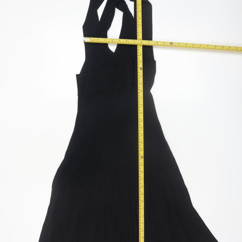 Zara Womens Black Midi Fit & Flare Halter Pleated Knit Dress Size M