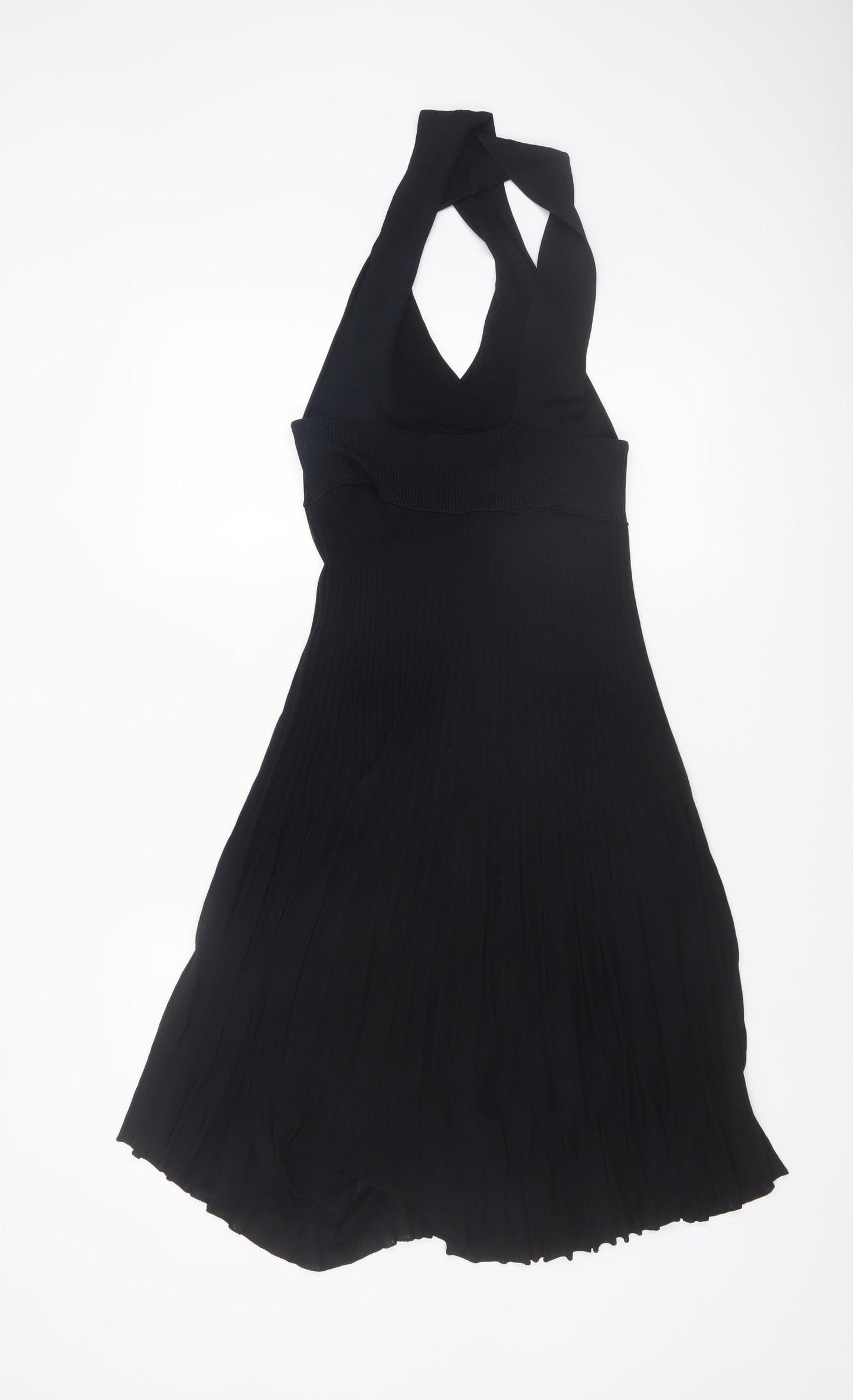 Zara Womens Black Midi Fit & Flare Halter Pleated Knit Dress Size M
