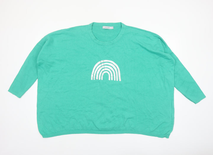 Haven Women Green Relaxed Crew Neck Rainbow Cotton Jumper One Size