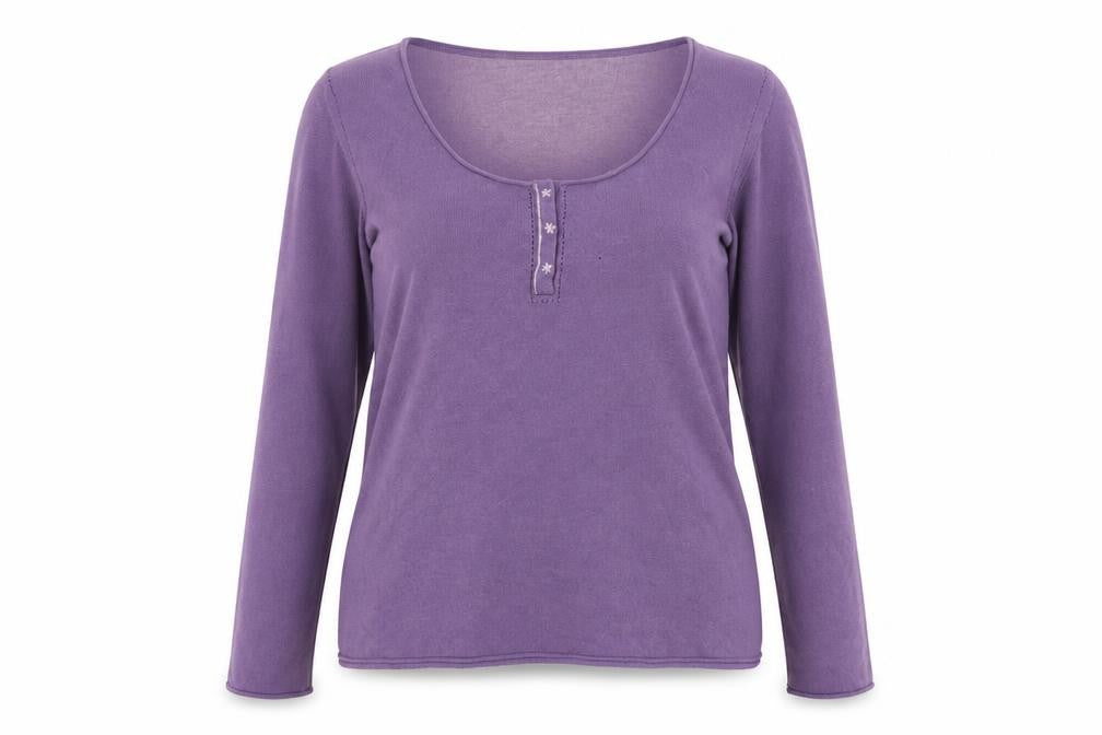 Front view of White Stuff Women's Purple Henley Jumper, size 14, Cotton Angora