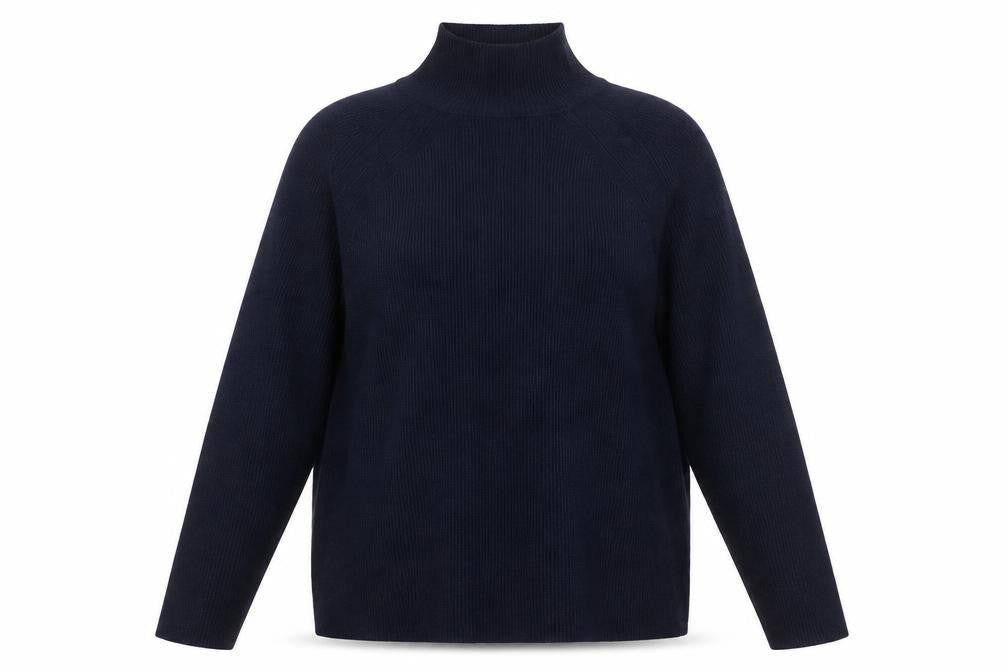 Front view of Marks & Spencer women’s blue, size UK 14, mock neck knit jumper