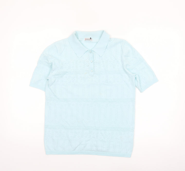 Damart Women Blue Short Sleeve Collared Knit Polo Shirt Size S