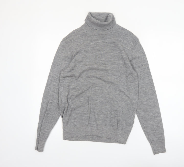 Uniqlo Men's Grey Wool Roll Neck Jumper Size S