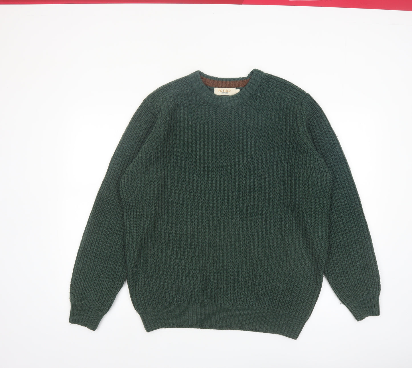 PG Field Men's Green Chunky-Knit Crew Neck Acrylic Jumper L