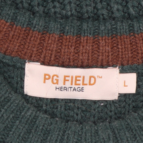 PG Field Men's Green Chunky-Knit Crew Neck Acrylic Jumper L