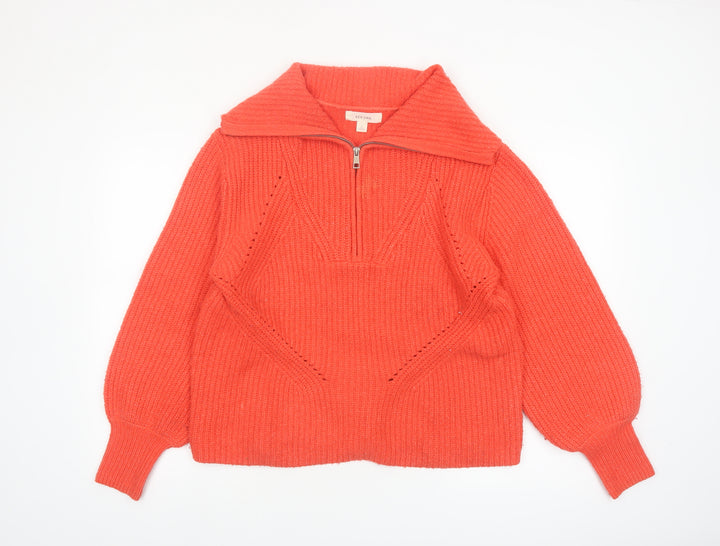 Marks and Spencer Per Una Orange Collared Half Zip Chunky Knit Womens Jumper L