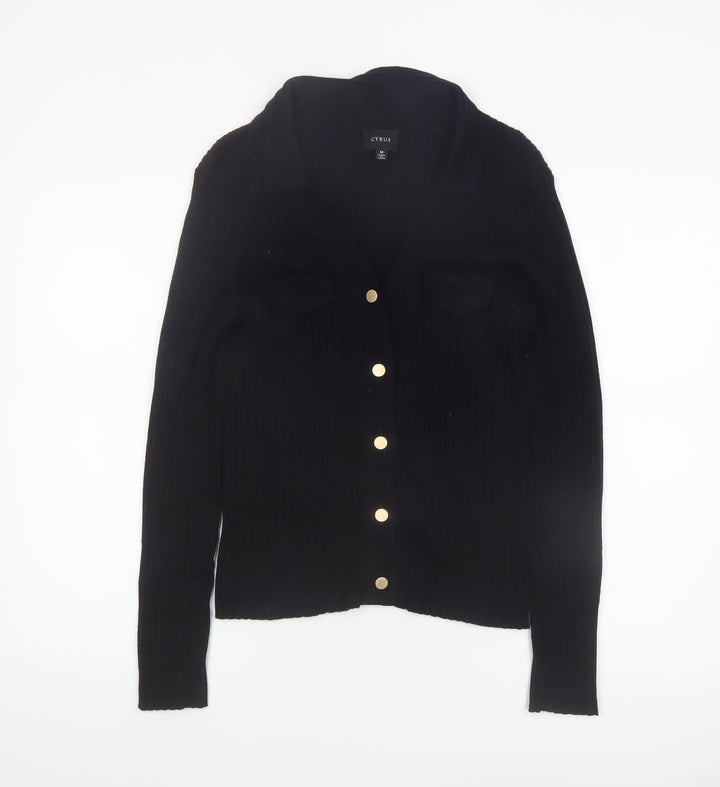 Cyrus Women's Black Collared Button Front Long Sleeve Knit Cardigan M