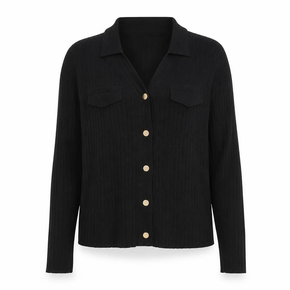 Front view of Cyrus Women's Black Collared Button Front Long Sleeve Knit Cardigan M