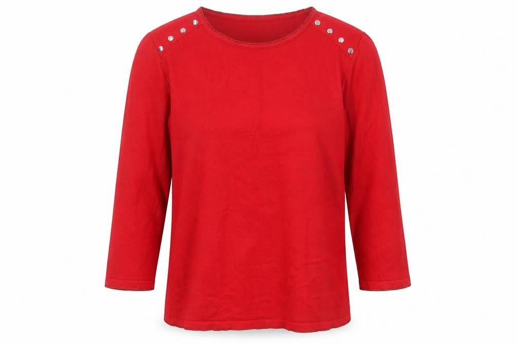 Front view of Just Elegance Women's Red M Stud Shoulder Long Sleeve Jumper
