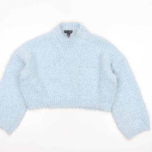 QED London Women's Blue Mock Neck Fluffy Knit Jumper S