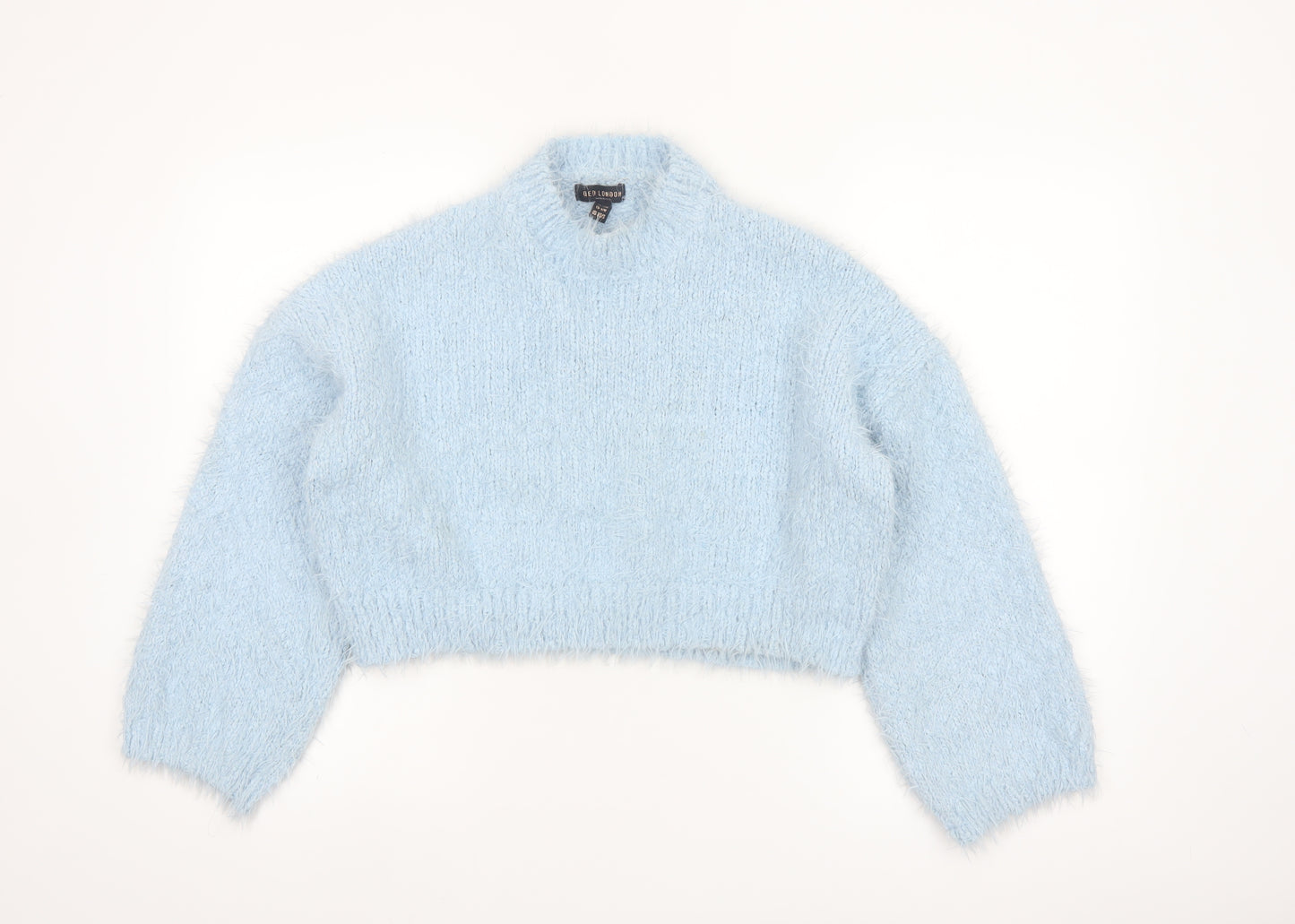 QED London Women's Blue Mock Neck Fluffy Knit Jumper S
