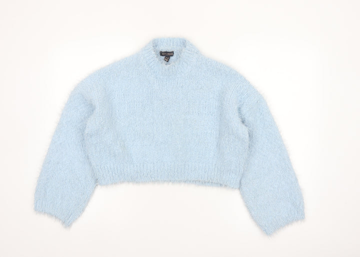 QED London Women's Blue Mock Neck Fluffy Knit Jumper S