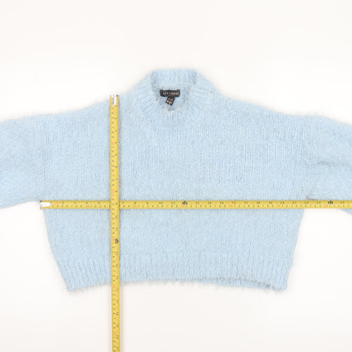 QED London Women's Blue Mock Neck Fluffy Knit Jumper S