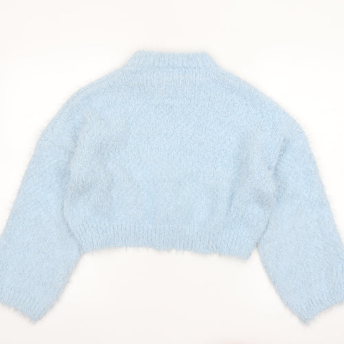 QED London Women's Blue Mock Neck Fluffy Knit Jumper S