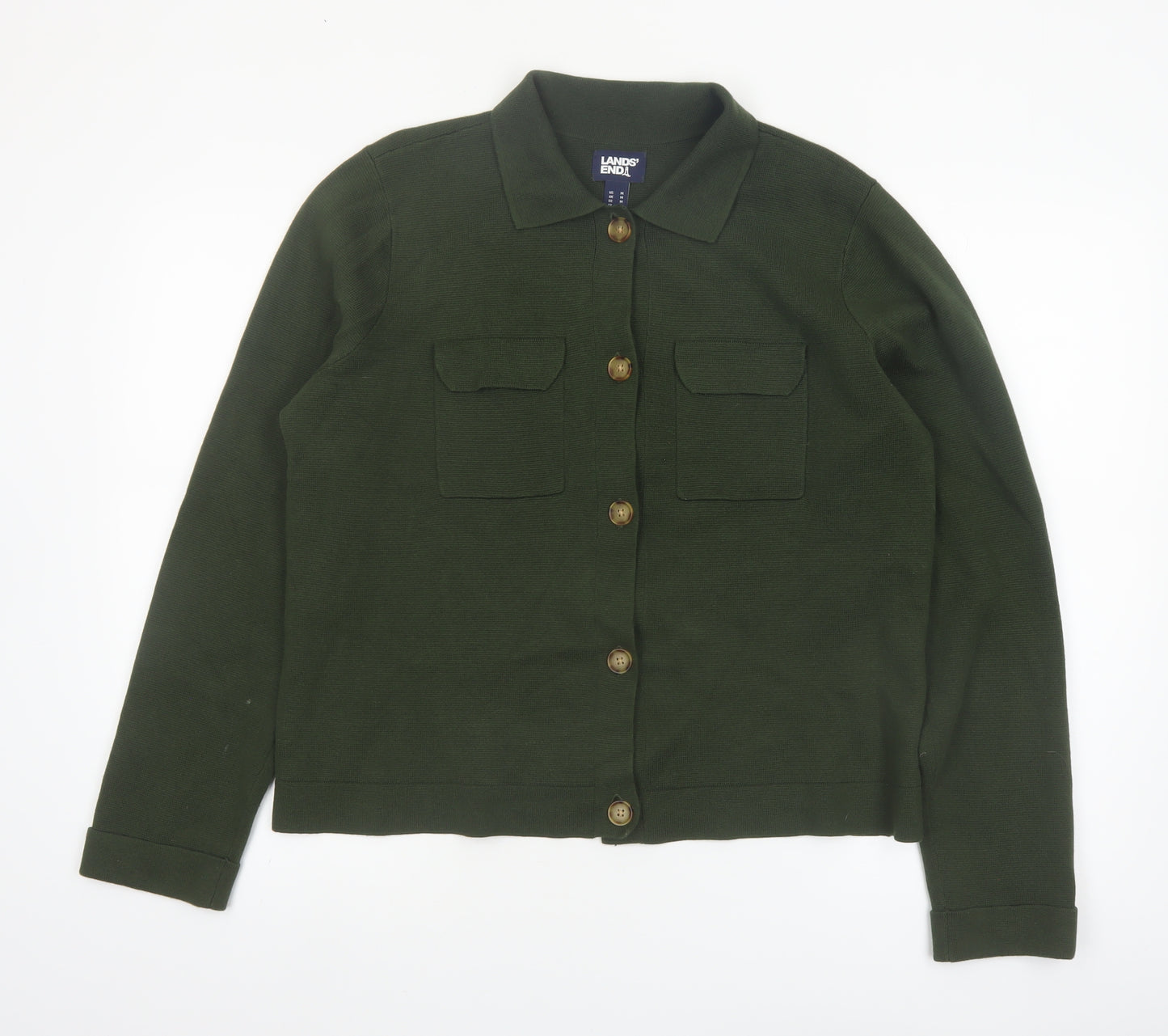 Lands' End Women's Green Cotton Collared Cardigan Size 12
