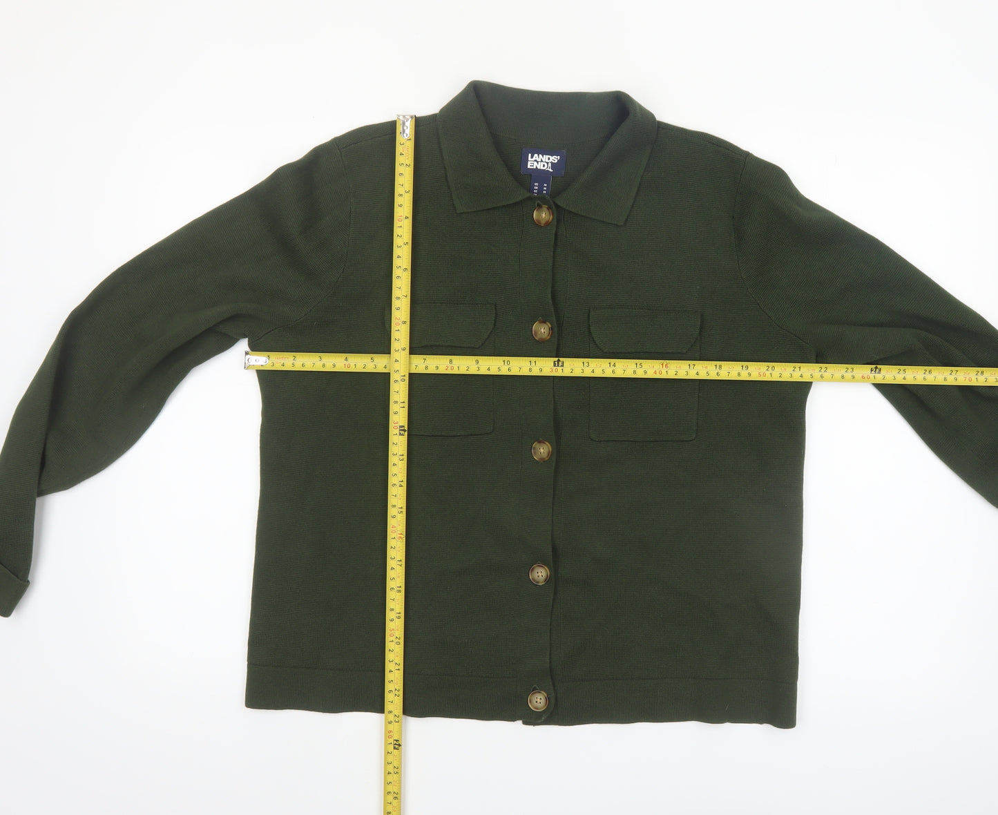 Lands' End Women's Green Cotton Collared Cardigan Size 12