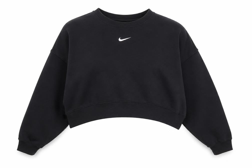 Front view of Nike Women's Black Cropped Pullover Sweatshirt Small Logo Crew Neck