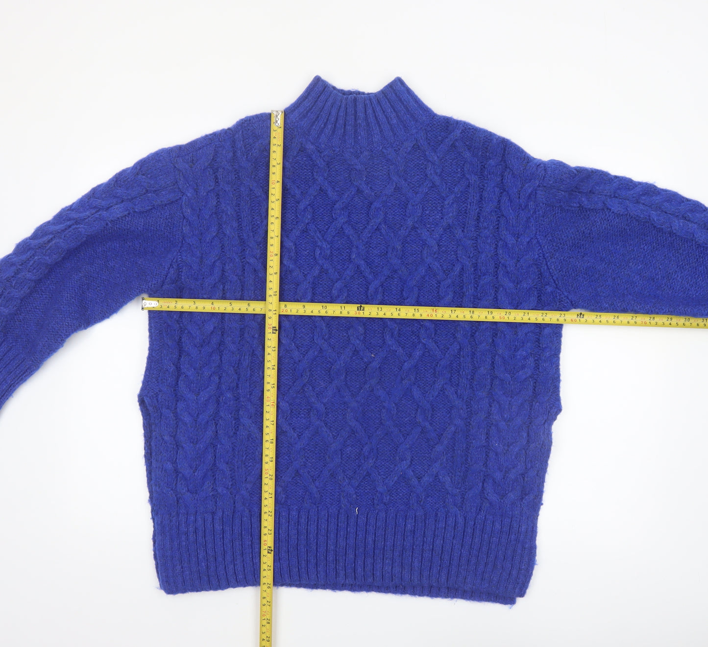Biba Women's Blue Cable-Knit Mock Neck Jumper Size S