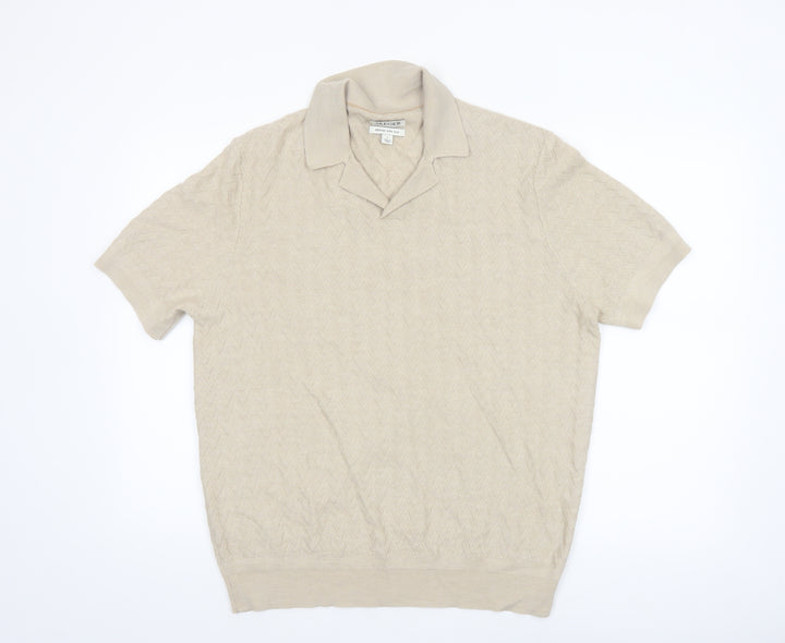 Jaeger Men’s Beige Merino Silk Short Sleeve Knit Polo - Size L