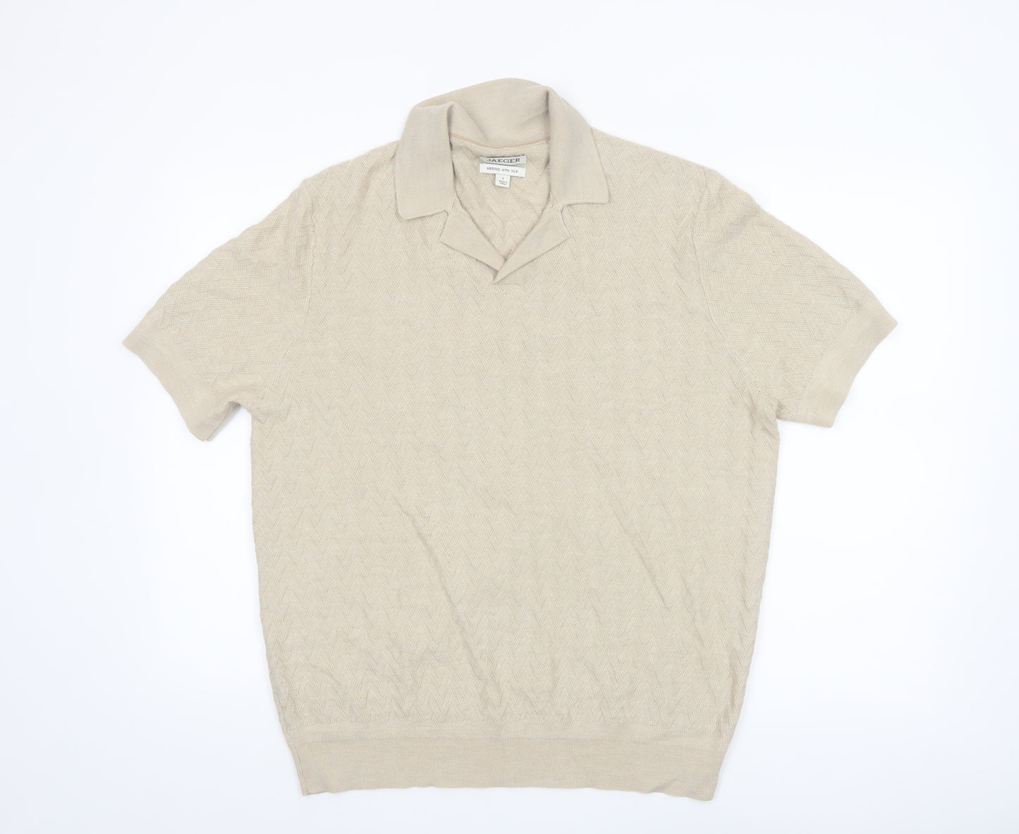 Jaeger Men’s Beige Merino Silk Short Sleeve Knit Polo - Size L
