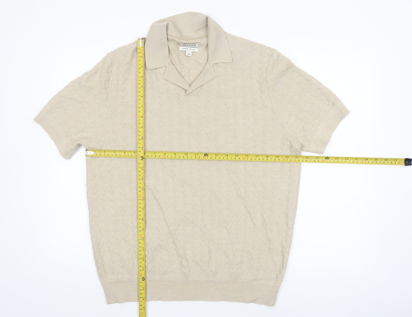 Jaeger Men’s Beige Merino Silk Short Sleeve Knit Polo - Size L