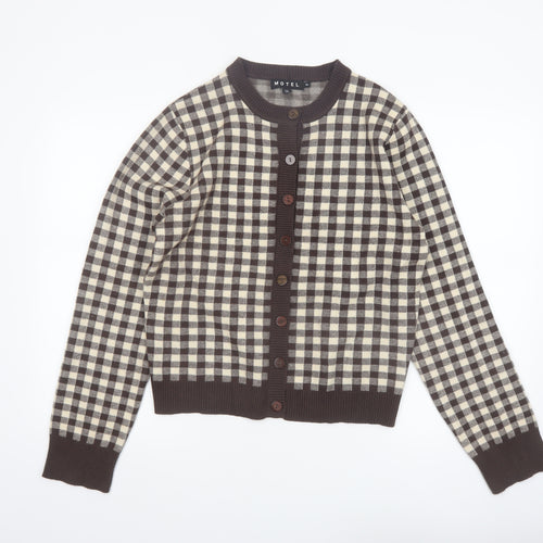 Motel Women Brown Beige Checked Cardigan XL Knit Long Sleeve