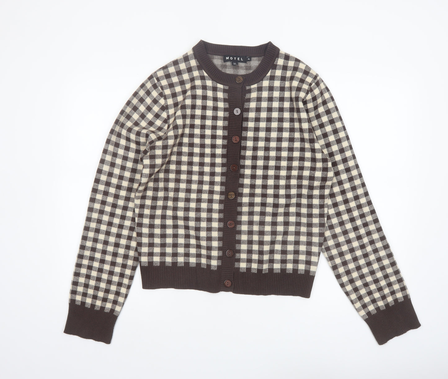 Motel Women Brown Beige Checked Cardigan XL Knit Long Sleeve