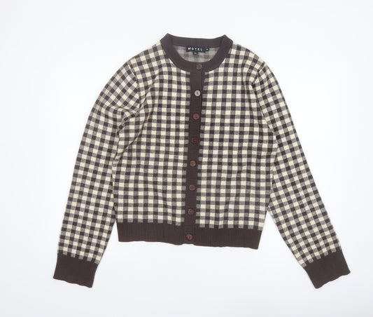 Motel Women Brown Beige Checked Cardigan XL Knit Long Sleeve