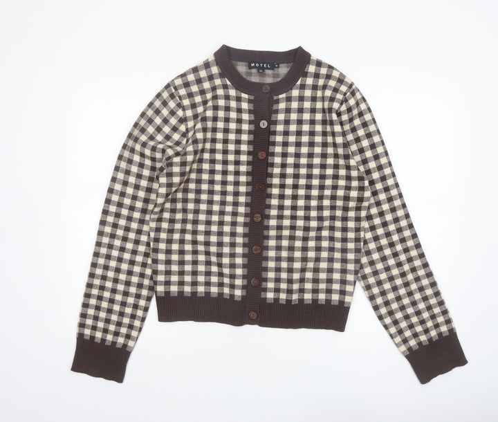 Motel Women Brown Beige Checked Cardigan XL Knit Long Sleeve