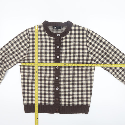 Motel Women Brown Beige Checked Cardigan XL Knit Long Sleeve