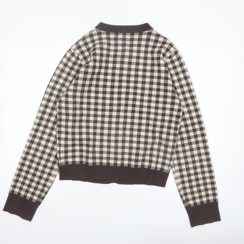 Motel Women Brown Beige Checked Cardigan XL Knit Long Sleeve