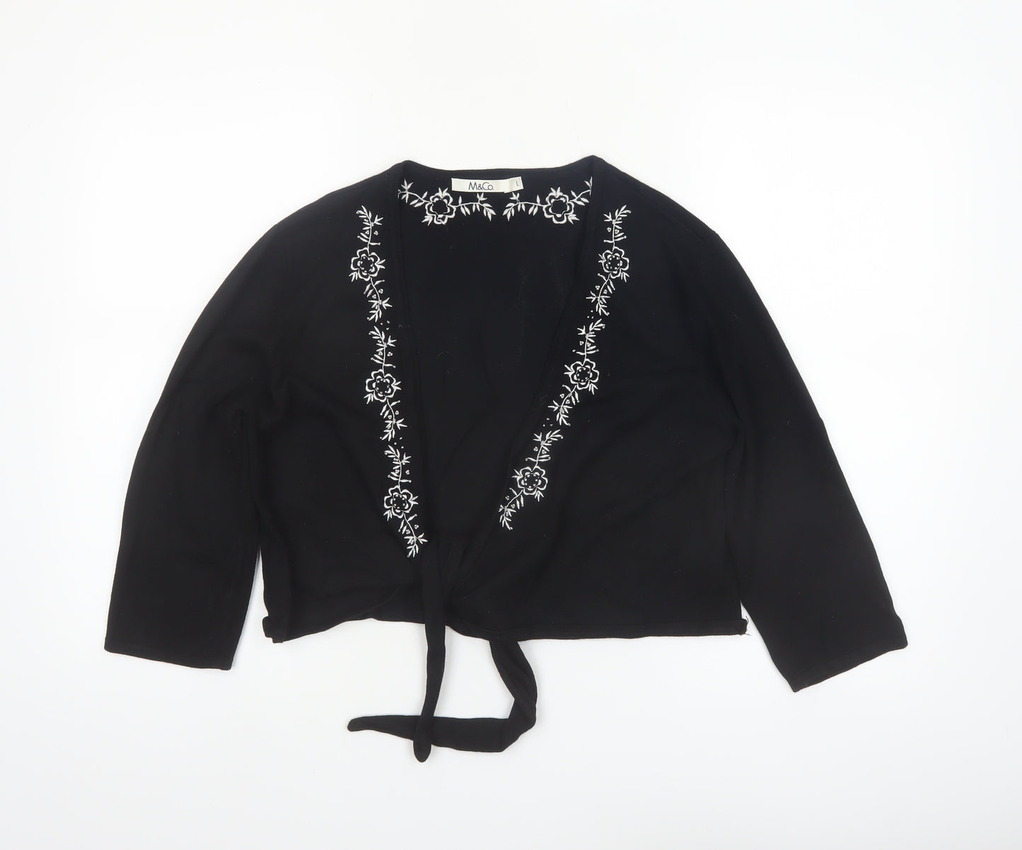 M&Co Women Black Embroidered Tie Front Cardigan Size L Viscose Mix