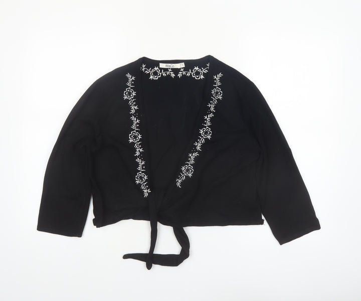 M&Co Women Black Embroidered Tie Front Cardigan Size L Viscose Mix