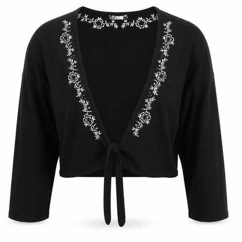 M&Co Women Black Embroidered Tie Front Cardigan Size L Viscose Mix