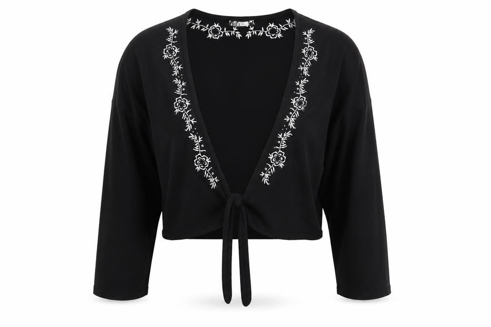 M&Co Women Black Embroidered Tie Front Cardigan Size L Viscose Mix