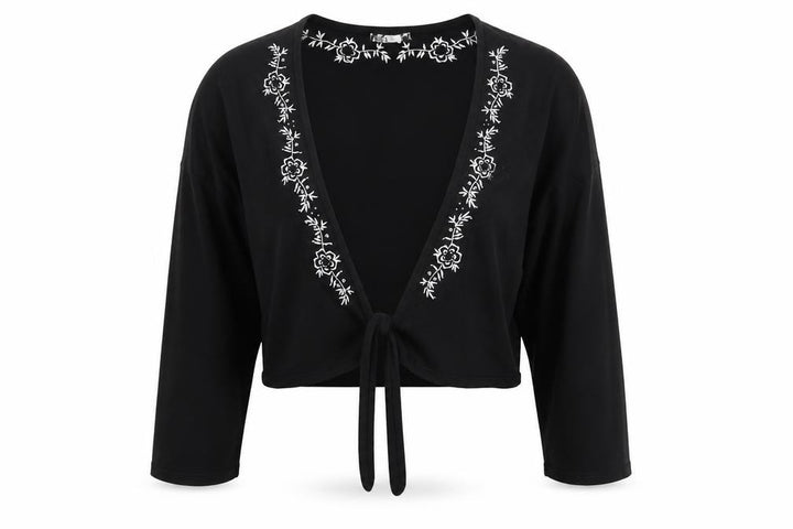 M&Co Women Black Embroidered Tie Front Cardigan Size L Viscose Mix