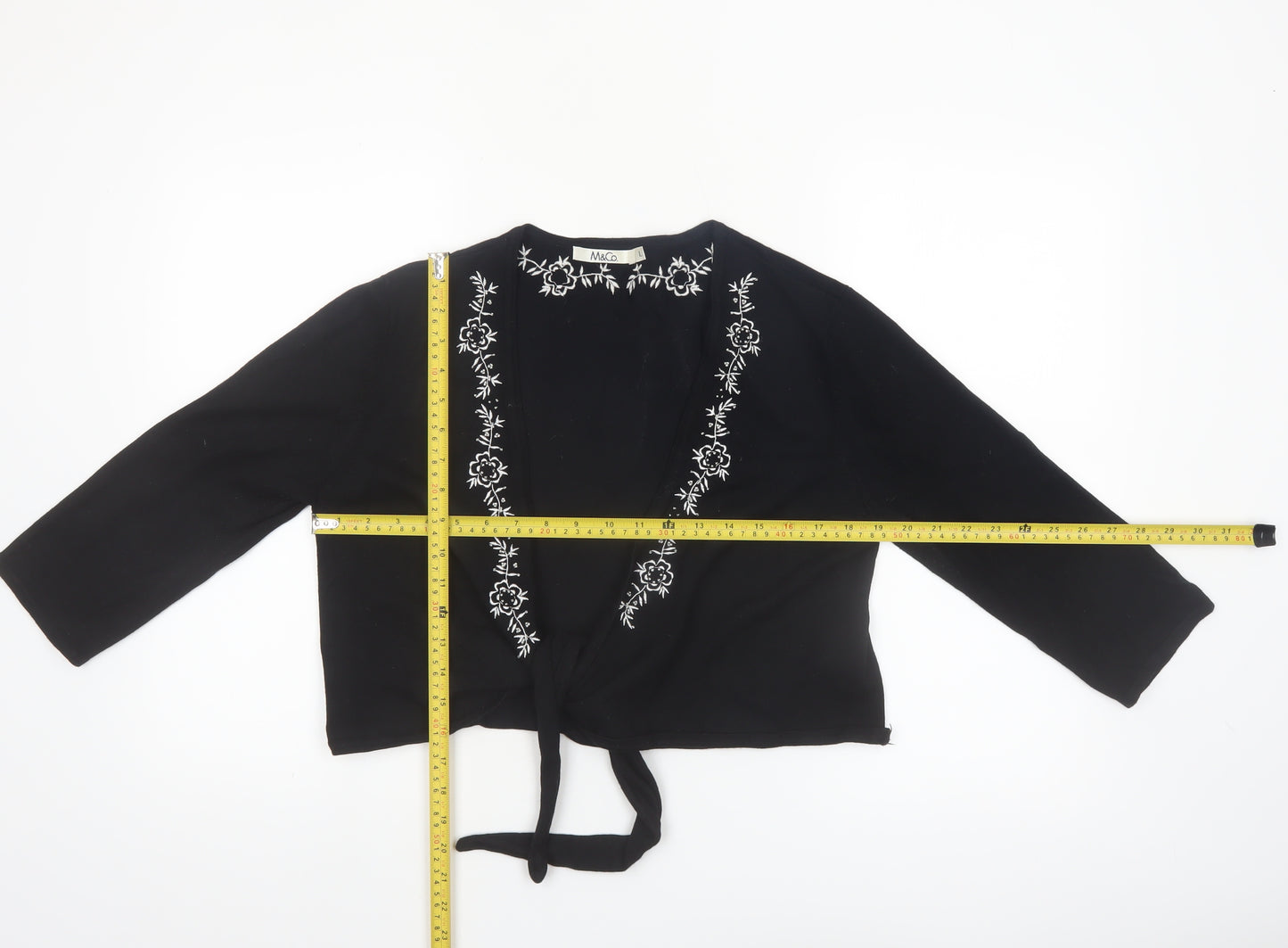 M&Co Women Black Embroidered Tie Front Cardigan Size L Viscose Mix