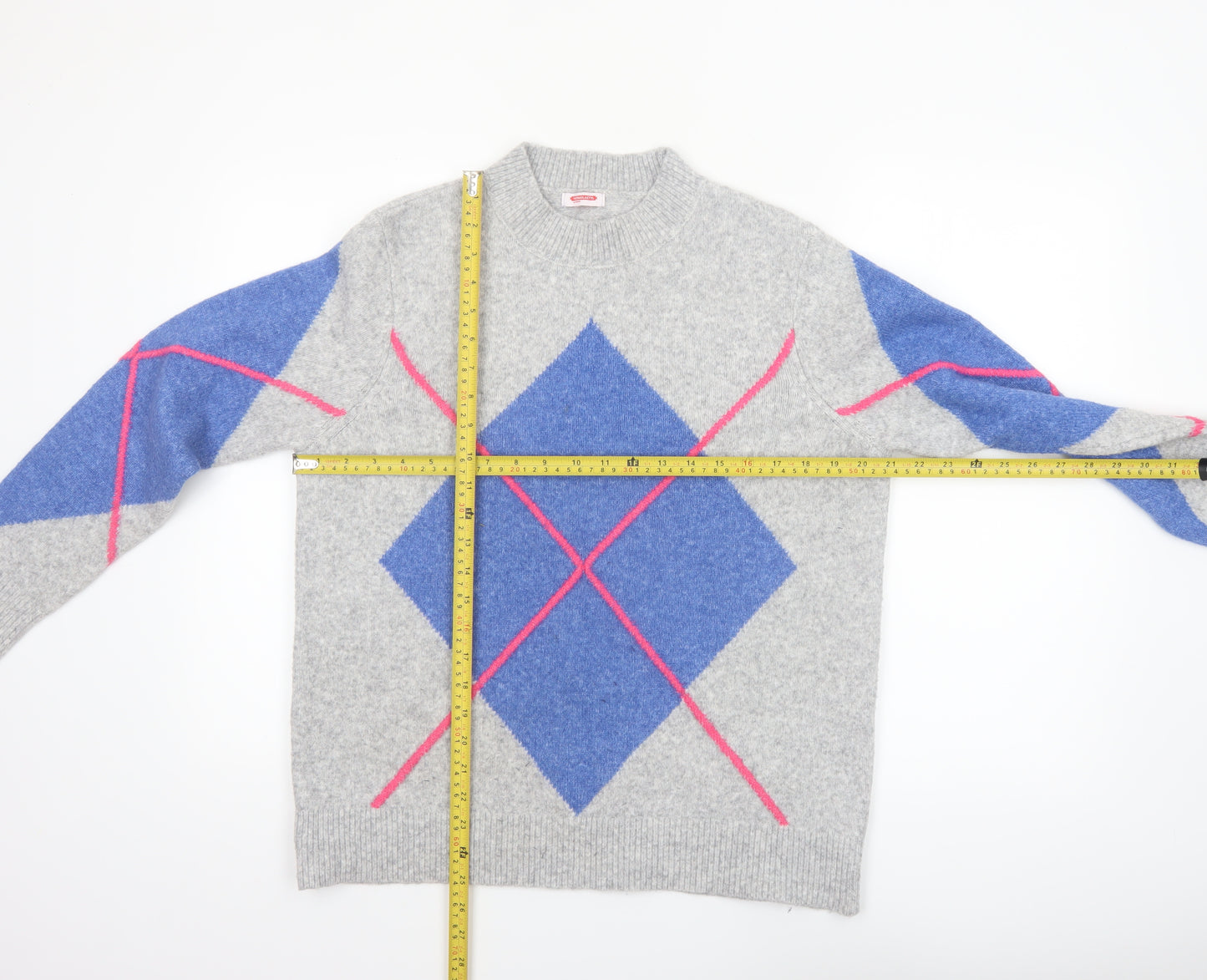 Damart Womens Grey Argyle Knit Pullover Jumper Size 14/16