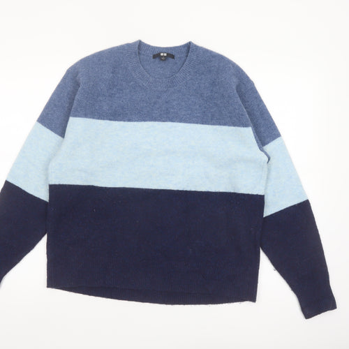 Uniqlo Men's Blue Colour Block Crew Neck Wool Blend Jumper Size S