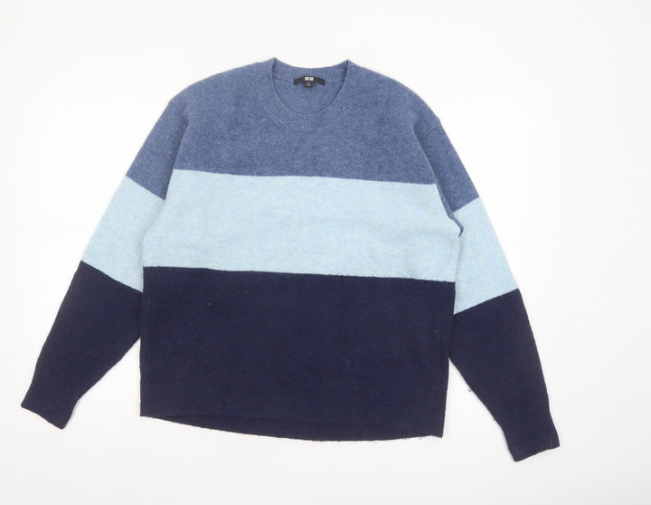 Uniqlo Men's Blue Colour Block Crew Neck Wool Blend Jumper Size S