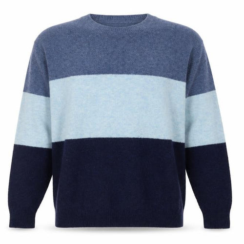 Uniqlo Men's Blue Colour Block Crew Neck Wool Blend Jumper Size S